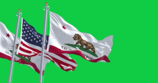 在一个晴朗的日子里 加利福尼亚州的国旗飘扬在美国国旗上 无缝3D渲染动画 绿色屏幕 慢动作回圈4K分辨率 — 图库视频影像