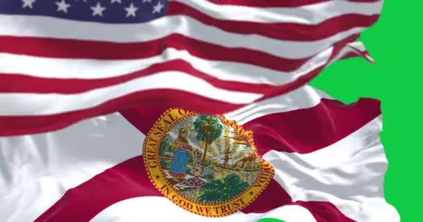 Σημαίες Φλόριντα Και Ηπα Κυματίζουν Απομονωμένες Πράσινο Φόντο Ομοσπονδιακό Κράτος — Αρχείο Βίντεο