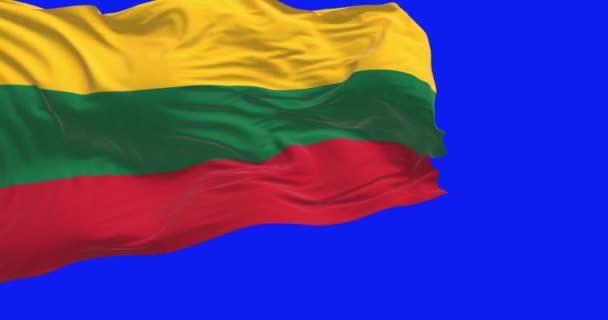 Litauens Nationella Flagga Viftar Isolerad Blå Bakgrund Gula Gröna Och — Stockvideo