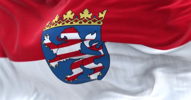 ヘッセ州旗が風になびくのを間近で見ることができます ヘッセはドイツの州です シームレスな3Dレンダリングアニメーション スローモーションループ 選択的フォーカス フラッタリング生地 接近中だ — ストック動画