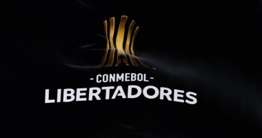 Buenos Aires, ARG, Eylül 2022: CONMEBOL Libertadores bayrağı rüzgarda dalgalanıyor. CONMEBOL tarafından her yıl düzenlenen Güney Amerika futbol yarışması. İllüstrasyon 3d illüstrasyon canlandırması. Yakın plan.