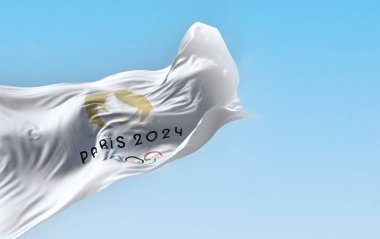 Paris, FR, 23 Mayıs 2023: Paris 2024 Olimpiyat Oyunları bayrağı rüzgarda sallanıyor. Uluslararası spor müsabakası yaklaşıyor. İllüstrasyon 3d illüstrasyon canlandırması. Seçici odak