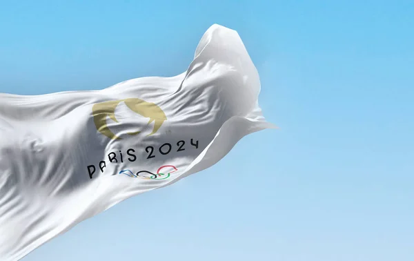 Paris Mai 2023 Drapelul Jocurilor Olimpice Paris 2024 Fluturând Vânt — Fotografie, imagine de stoc