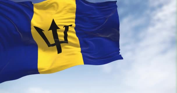 Barbados Nationale Vlag Zwaaiend Een Heldere Dag Blauwe Gele Vlag — Stockvideo