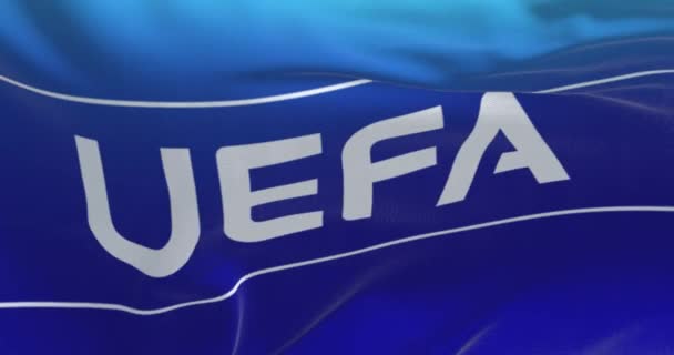 Nyon April 2023 Close Uefa Flag Waving シームレスな3Dレンダリングアニメーション スローモーションループ フラッタリング生地 — ストック動画