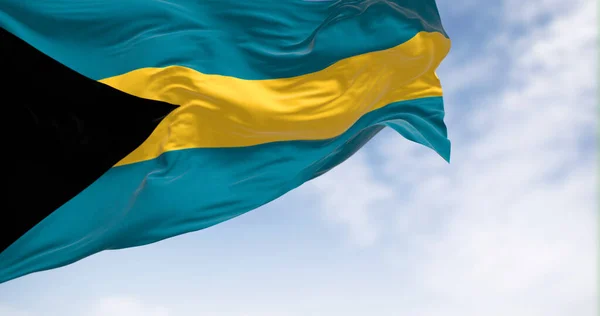 Közelkép Bahama Szigeteki Nemzeti Zászlóról Ahogy Lengeti Szelet Fekete Háromszög — Stock Fotó