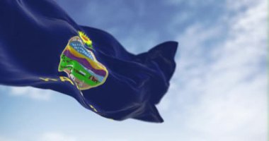 Kansas eyaleti bayrağı açık havada rüzgarda dalgalanıyor. Kansas, ABD 'nin orta batısında bulunan bir eyalettir. Kusursuz 3 boyutlu animasyon. Yavaş çekim döngüsü. Seçici odaklanma. Kanat çırpan kumaş. Yakın plan. 4k