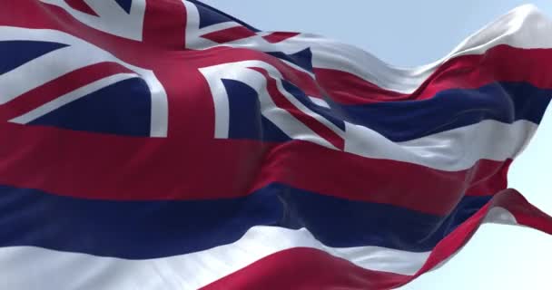 ハワイ州の旗が晴れた日に手を振るのを閉じます 8本の水平ストライプの白 カントンのユニオンジャック シームレスな3Dレンダリングアニメーション スローモーションループ フラッタリング生地 接近中だ — ストック動画