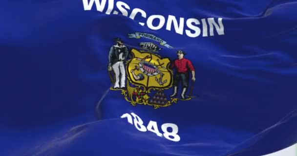 Närbild Wisconsin Statliga Flagga Viftar Vinden Delstat Övre Mellanvästern Sömlös — Stockvideo