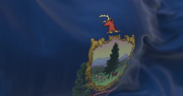 Close Vermont State Flag Waving Blue Background State Coat Arms — Stock Video
