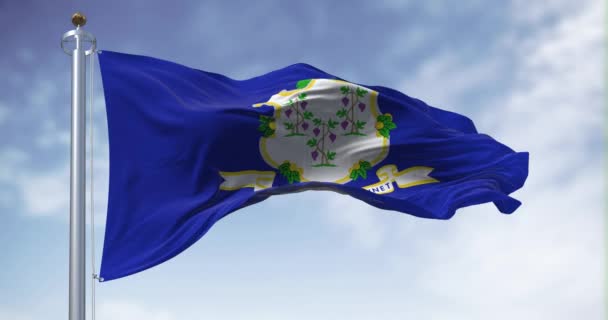 Connecticut State Flagga Fladdrar Klar Dag Vit Sköld Blå Bakgrund — Stockvideo