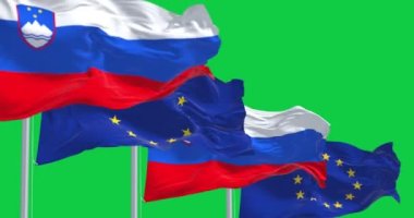 Slovenya ve Avrupa Birliği bayrakları yeşil ekranda dalgalanıyor. Slovenya 1 Ocak 2007 'den bu yana Avro Bölgesi üyesi olmuştur. Kusursuz 3D canlandırma animasyonu. Yeşil ekran. Krom anahtar. Yavaş çekim döngüsü. 4K çözünürlüğü