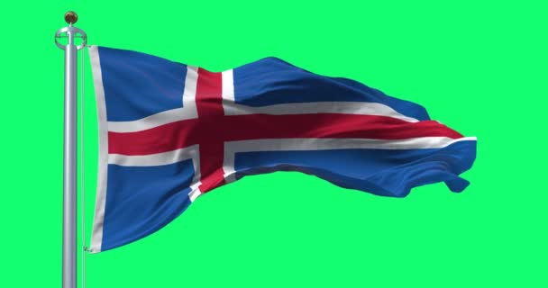 Izland Nemzeti Zászló Lengett Szélben Zöld Képernyőn Kék Zászló Fehér — Stock videók
