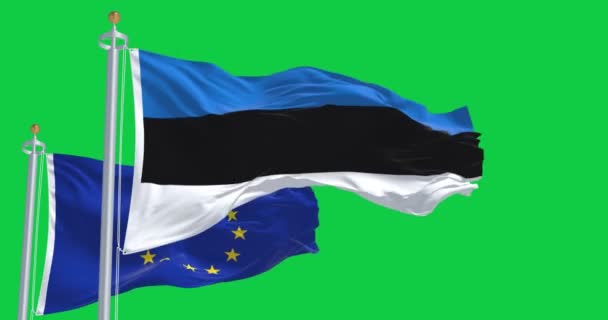 Σημαίες Της Εσθονίας Και Της Ευρωπαϊκής Ένωσης Κυματίζουν Στην Πράσινη — Αρχείο Βίντεο