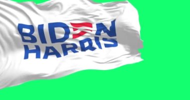 Washington D.C., ABD, 14 Nisan 2023: Biden Harris 2024 başkanlık seçim kampanyası bayrağı yeşil ekranda dalgalanıyor. Kusursuz 3D canlandırma animasyonu. Yeşil ekran. Krom anahtar. Yavaş çekim döngüsü. 4K çözünürlüğü