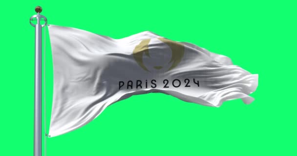 Παρίσι Μαΐου 2023 Παρίσι 2024 Ολυμπιακοί Αγώνες Σημαία Κυματίζει Σολαρισμένη — Αρχείο Βίντεο