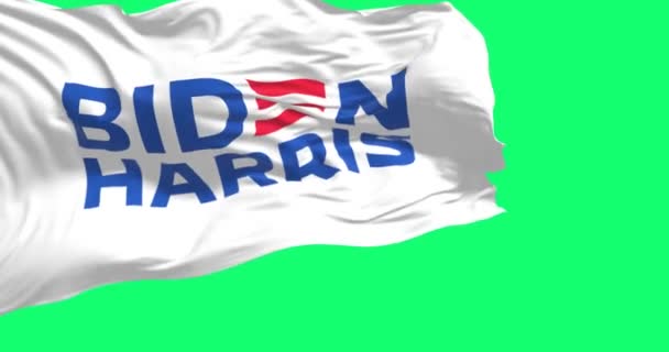 2023年4月14日 美国华盛顿特区 拜登哈里斯2024年总统竞选活动的旗帜在绿色屏幕上飘扬 无缝3D渲染动画 绿色屏幕 慢动作回圈4K分辨率 — 图库视频影像