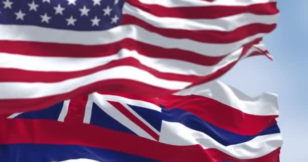 Hawaï Staat Vlag Zwaaien Met Nationale Vlag Van Verenigde Staten — Stockvideo