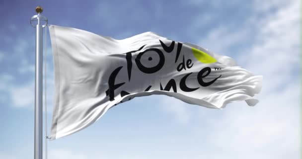 2023年6月26日 法国巴黎 环法自行车赛的旗帜在晴朗的日子飘扬 今年最重要的国际自行车比赛 无缝3D渲染动画 慢动作回圈飘扬的面料 — 图库视频影像