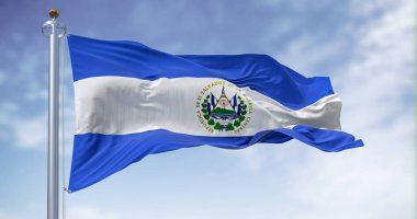 El Salvador ulusal bayrağı açık havada sallanıyor. Ortasında arma olan üç yatay mavi ve beyaz şerit. Orta Amerika ülkesi. 3D illüstrasyon canlandırıcı. Çırpınan kumaş