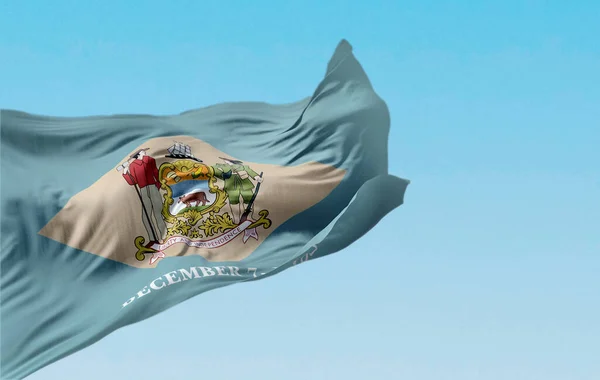 Σημαία Του Ντέλαγουερ Κυματίζει Καθαρή Μέρα Colonial Μπλε Φόντο Ένα — Φωτογραφία Αρχείου