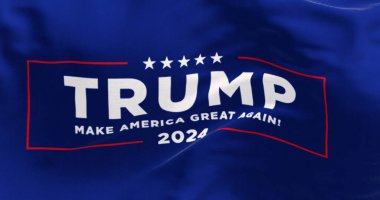 Arlington, ABD, 21 Mart 2023: Donald Trump seçim kampanyası bayrağı dalgalanıyor. 2024 ABD başkanlık seçimi. Resimli 3d illüstrasyon oluşturucu