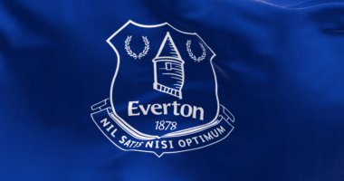Liverpool, İngiltere, 4 Mayıs 2023: Everton Futbol Kulübü bayrağı dalgalanması. Profesyonel İngiliz Futbol Kulübü. İllüstrasyon 3d illüstrasyon canlandırması. Dalgalı kumaş arkaplanı