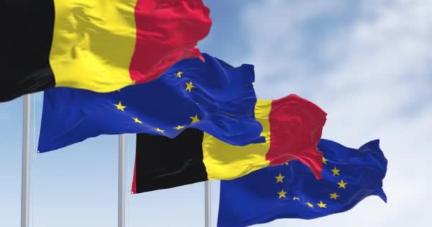 Banderas Bélgica Unión Europea Ondeando Día Claro Democracia Política País — Vídeos de Stock