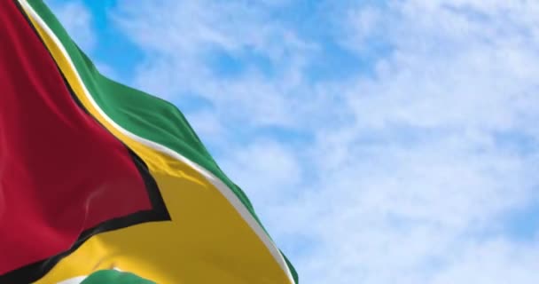 Guyana Ulusal Bayrağının Rüzgarda Dalgalandığı Yakın Çekim Görüntüsü Kırmızı Altın — Stok video