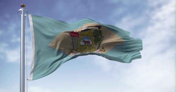 Bandera Del Estado Delaware Ondeando Día Despejado Fondo Azul Colonial — Vídeo de stock