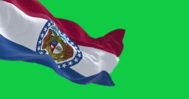 Missouri eyalet bayrağı yeşil ekranda dalgalanıyor. Ortasında Missouri 'nin Büyük Mührü olan kırmızı, beyaz, mavi yatay çizgiler. Kusursuz 3D canlandırma animasyonu. Yeşil ekran. Krom anahtar. Yavaş çekim döngüsü. 4K