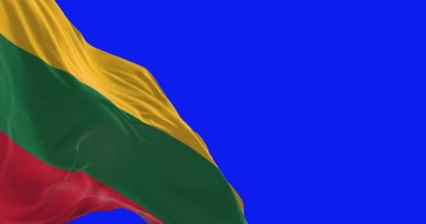 Litvanya Bayrağı Mavi Ekranda Rüzgarda Dalgalanıyor Sarı Yeşil Kırmızı Çizgili — Stok video