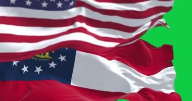Gürcistan ve ABD bayrakları yeşil ekranda dalgalanıyor. Georgia, ABD 'nin güneydoğusunda bir eyalettir. Kusursuz 3D canlandırma animasyonu. Yeşil ekran. Krom anahtar. Yavaş çekim döngüsü. 4K çözünürlüğü