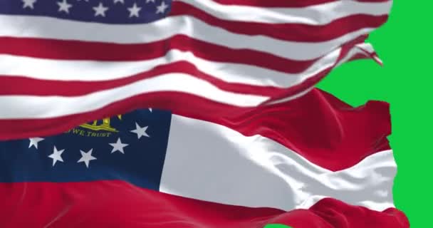 格鲁吉亚和美国的国旗在绿色屏幕上飘扬 格鲁吉亚是美国东南部的一个州 无缝3D渲染动画 绿色屏幕 慢动作回圈4K分辨率 — 图库视频影像