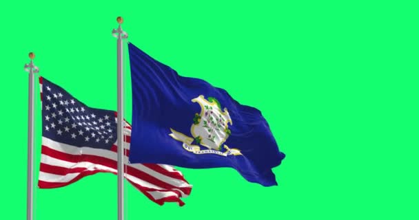Connecticut Eyalet Bayrağı Yeşil Ekranda Amerika Birleşik Devletleri Bayrağıyla Dalgalanıyor — Stok video