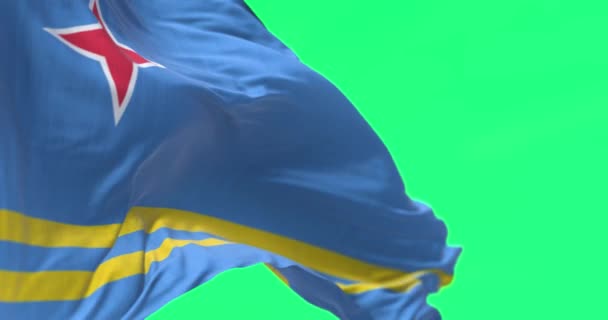 Flagga Aruba Viftar Vinden Grön Skärm Ljusblått Fält Gula Ränder — Stockvideo