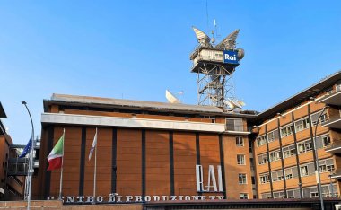 Roma, İtalya, 28 Haziran 2023: Via Teulada 66, Roma 'daki Rai Raffaella Carra TV üretim merkezi dış görünümü. Rai, İtalyan kamu yayın kuruluşu. İllüstrasyon Editörü