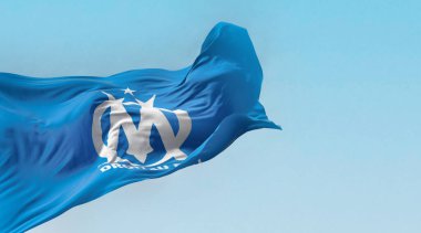 Marsilya, FR, 10 Haziran 2023 Olimpique de Marsilya futbol kulübü bayrağı açık bir günde el sallıyor. French Ligue 1 Profesyonel futbol takımı. Resimli 3d illüstrasyon oluşturucu