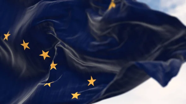 Närbild Alaska Statens Flagga Viftar Mörkblå Bakgrund Med Åtta Gyllene — Stockfoto