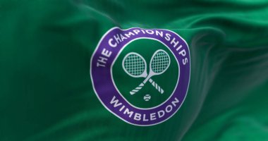 Londra, İngiltere, Mayıs 2023: The Championships Wimbledon logosunun sallandığı bayrağın yakın çekimi. Wimbledon Şampiyonası büyük bir tenis turnuvası. Resimli 3d illüstrasyon oluşturucu.