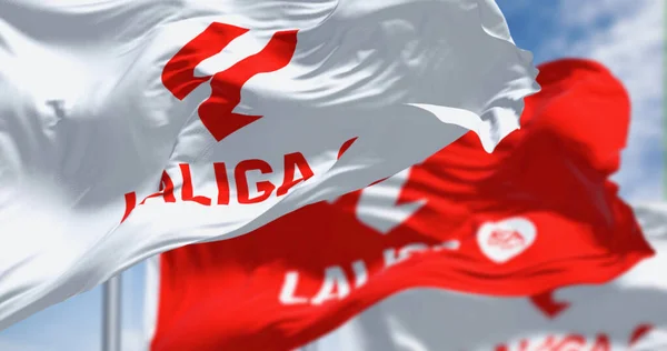 Madrid Spa July 2023 Three Flags Liga Logo Waving Wind — Stock Photo, Image