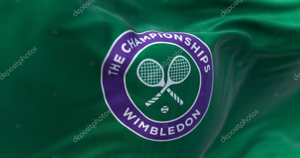 London, UK, May 2023: Close-up of the Flag with The Championships Wimbledon logo waving. Wimbledon Championships is a major tennis tournament. Illustrative editorial 3d illustration render.