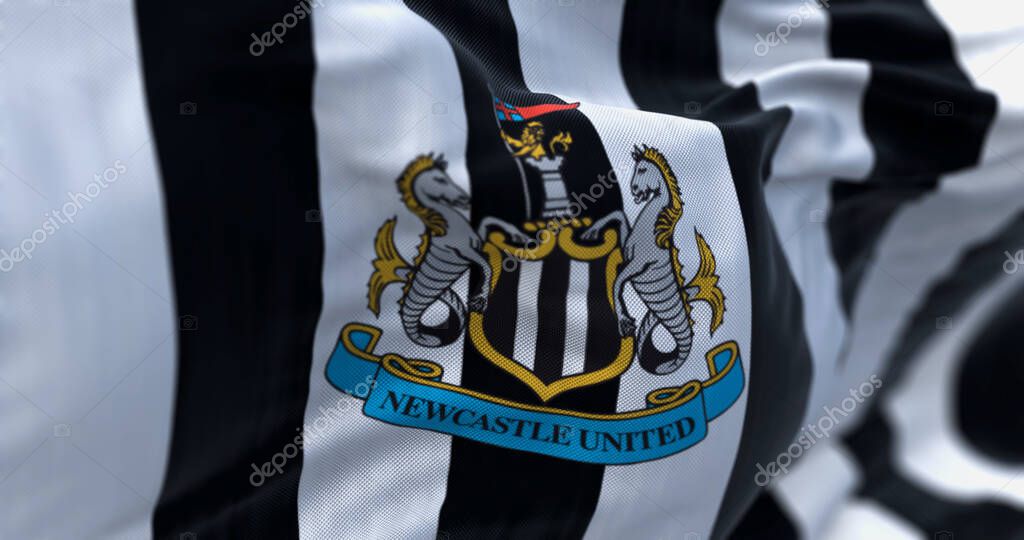 Newcastle, UK, July 2 2023: Fabric background with the Newcastle United flag waving. Illustrative editorial 3d illustration render. Close-up. Textured fabric background. Selective focus