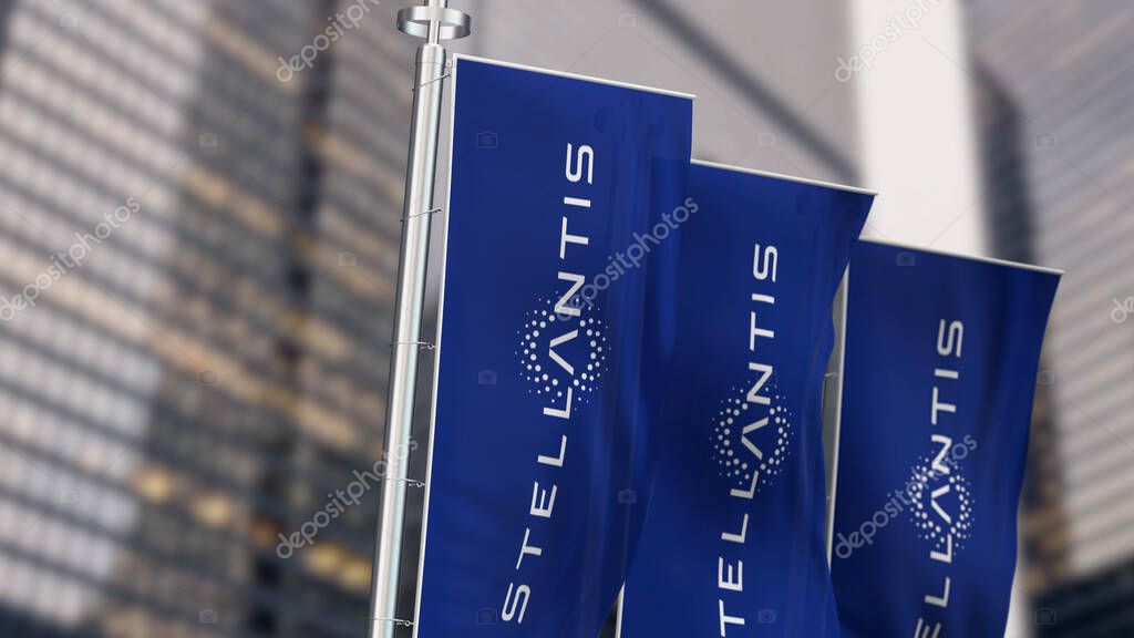 Amsterdam, NL, May 20 2023: Three Blue vertical banners with Stellantis logo waving in the wind. Multinational automotive manufacturing corporation. Illustrative editorial 3d illustration render