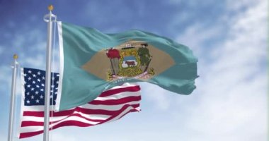Delaware eyalet bayrağı açık bir günde ABD bayrağıyla rüzgarda dalgalanıyor. Kusursuz 3 boyutlu animasyon. Yavaş çekim döngüsü. Kanat çırpan kumaş. 4k