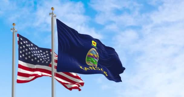 カンザス州の旗は晴れた日にアメリカ合衆国の国旗を振っている シームレスな3Dレンダリングアニメーション スローモーションループ フラッタリング生地 — ストック動画