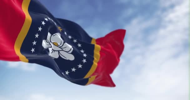 Bendera Negara Bagian Mississippi Berkibar Hari Yang Cerah Magnolia Mekar — Stok Video