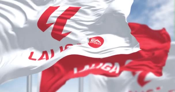 马德里 Spa 2023年7月5日 三面挂有La Liga标志的旗帜 西班牙顶级足球联赛系统 无缝3D渲染动画 慢动作回圈有选择的重点 飘扬的面料 — 图库视频影像