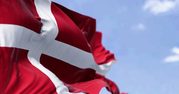 덴마크 국기가 바람에 흔들리고 있습니다 덴마크 왕국은 북유럽의 국가이다 물기있는 — 스톡 사진