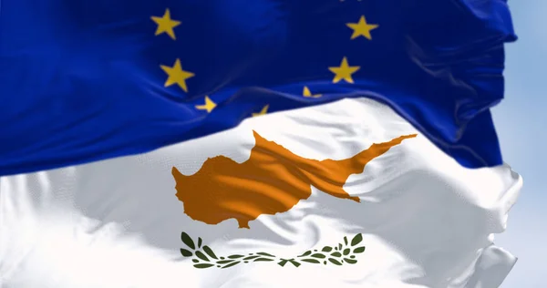 Cypriot Flag Waving European Union Flag Symbolic Unity Pride Perfect — Stock Photo, Image